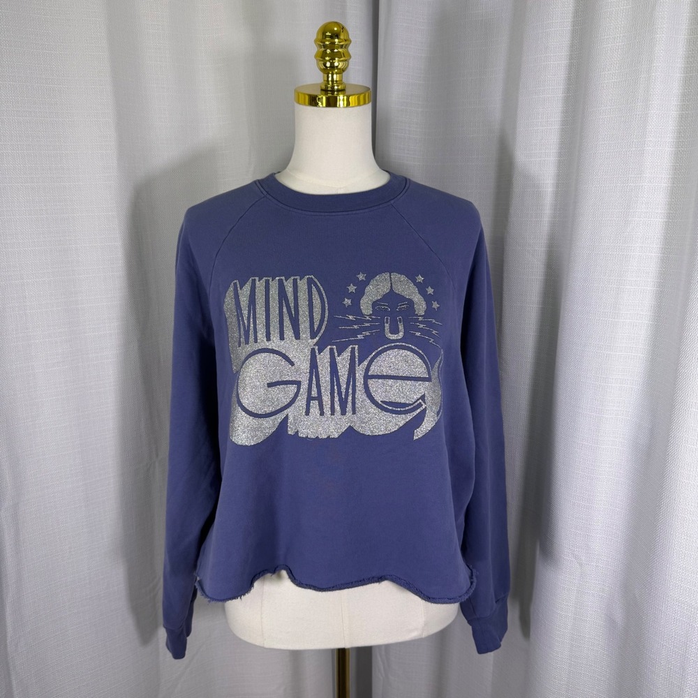 NEW Mother Denim The Boost Crop Cut-Off Sweatshirt XS Purple Mind Games Glitter